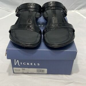 Nickels Surfslide Black Croc Embossed Wedge T-Strap Slide Sandals Womens 8 M